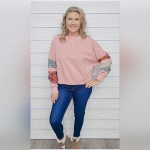 NWT Easel Terry Knit Patchwork Pullover In Dusty Rose